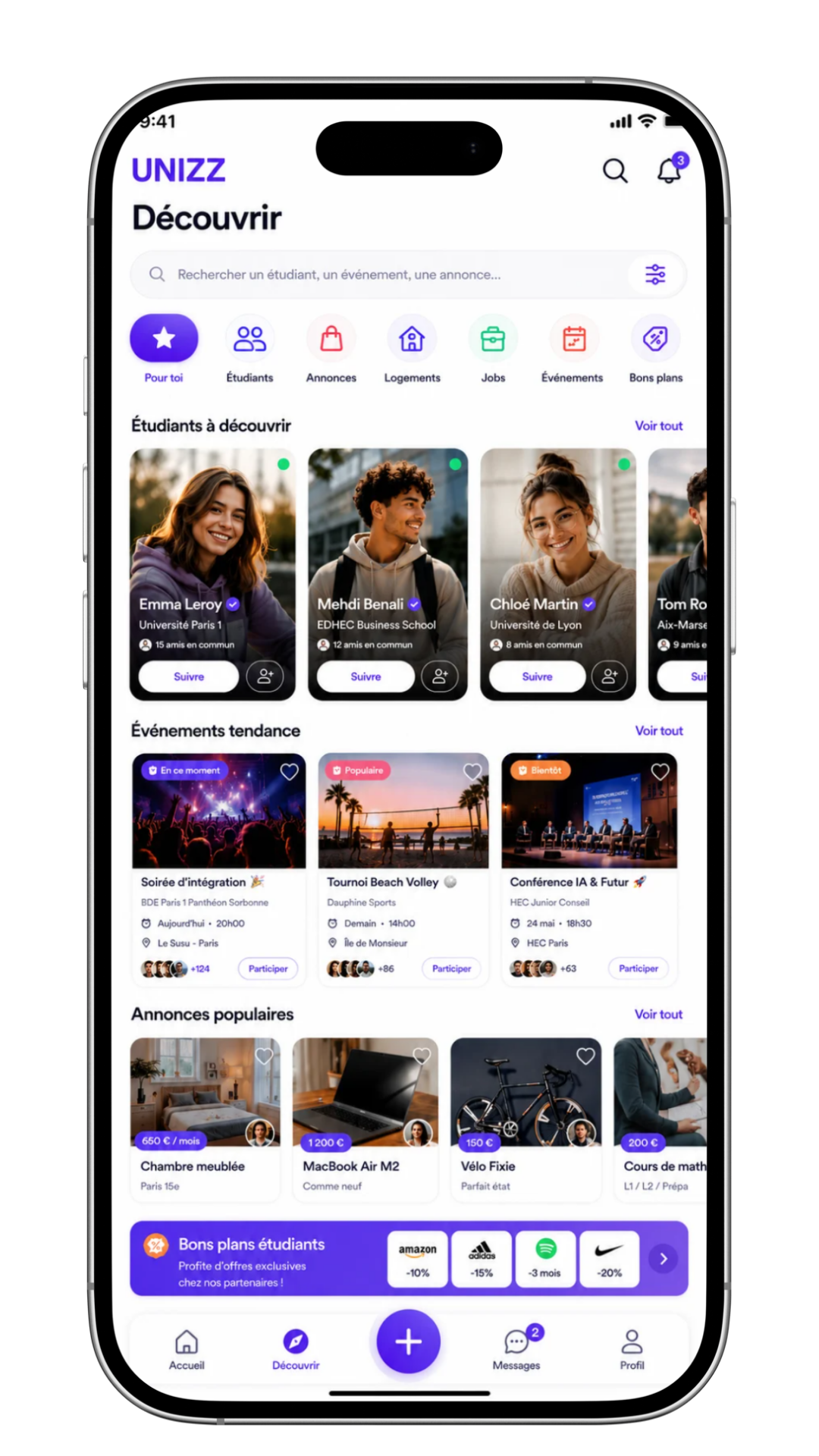 Écran Découvrir de l'application UNIZZ